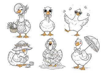 Vintage Cottagecore Goose Vector Set – Hand Drawn Silly and Playful Spring Goose Characters with Whimsical Details in Soft Pastel Illustration Style