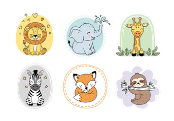 Wild Baby Animals Panel Vector Set – Hand Drawn Cartoon Lion, Elephant, Giraffe, Zebra, Fox, and Sloth in Rounded Frames with Pastel Accents (2)