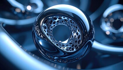 Abstract Chrome Torus with Perforated Interior, Blue Tones, Modern Design