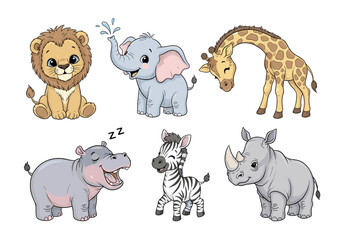 Wild Baby Animals Panel Vector Set – Hand Drawn Cartoon Lion, Elephant, Giraffe, Zebra, Fox, and Sloth in Rounded Frames with Pastel Accents (2)