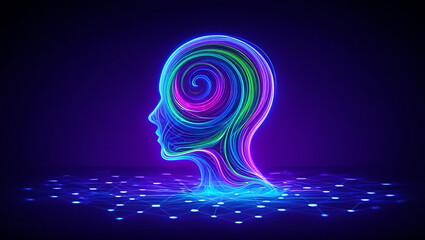Glowing neon head with swirling colors and digital network profile