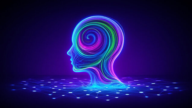 Glowing neon head with swirling colors and digital network profile