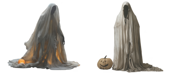 Two spooky ghost figures, one with fiery glow, the other with a carved pumpkin, isolated on transparent background