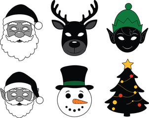 Christmas holiday characters, Santa Claus, reindeer, elf, snowman, decorated Christmas tree, festive icons, winter celebration symbols, seasonal vector illustration set