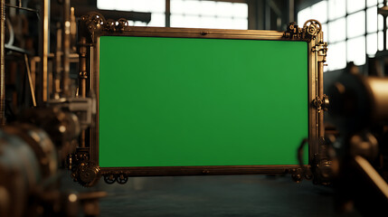 Steampunk Frame with Green Screen: A brass-framed green screen panel sits amidst a vintage factory, ideal for adding digital images or footage.