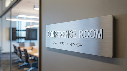 Conference room sign with braille for accessibility in modern office building
