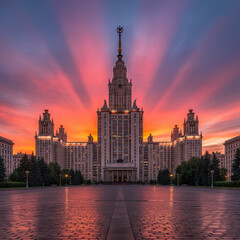 Obraz premium Moscow State University at sunset. AI generated.