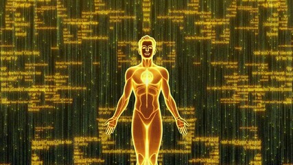 Digital Human Code Ai Consciousness Glowing Wireframe Figure Surrounded By Dynamic, Colorful Programming Data Streams, Illustrating Genetic Information And Cybernetic Future, Digital Human - Powered by Adobe