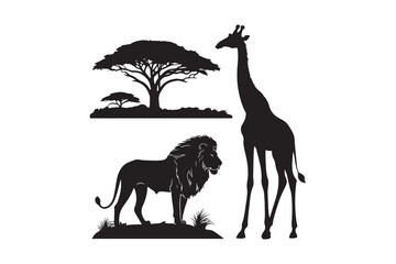 African safari silhouettes of lion giraffe and acacia tree © Sadek