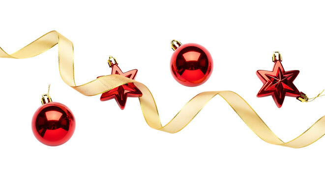 Christmas decoration with ribbon and red baubles isolated on transparent background for design use