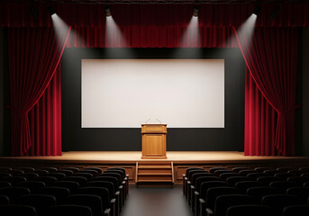 Modern podium stage with large screen for product display and engaging presentations