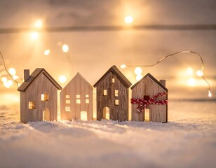 Miniature wooden houses in snow, warm lights