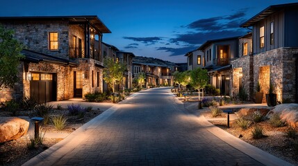   A pathway illuminates a line of townhouses at night, guiding visitors towards their front doors
