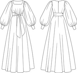 Dress technical sketch, fashion illustration, square neckline, bishop sleeve, waist tie, long skirt, front back view, garment design, vector drawing