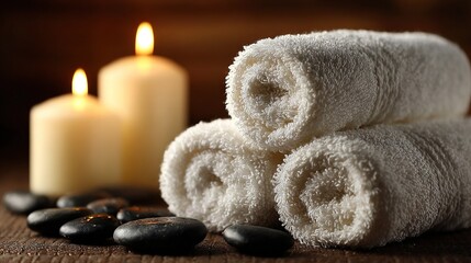Naklejka premium A white towel pile sits atop a wooden table alongside a candle and black-white stones