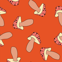 Seamless pattern with mushrooms. Hand drawn vector illustration. Vegan food menu. Poisonous and edible mushroom. Autumn mushroom picking, forest plant sketches.