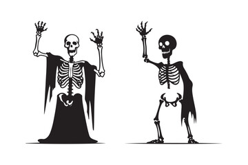 Two skeletons waving with open hands on a white background
