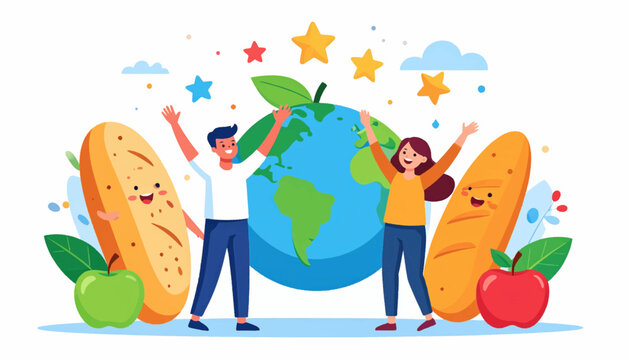 Joyful couple celebrates World Food Day with nutritious bread and fruit around the planet, symbolizing global food security and healthy eating - Powered by Adobe