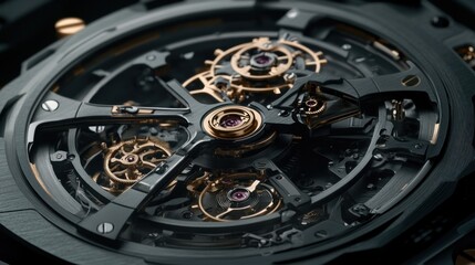 Intricate clockwork mechanism detail polished metal gears gray and rose gold tones