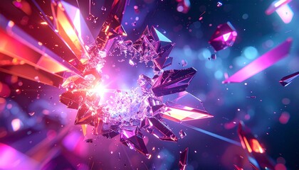 Abstract Geometric Explosion with Pink and Blue Crystals and a Central Light Burst