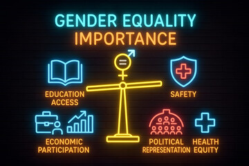 Neon Gender Equality Icons Showing Balance and Equity Concepts for Social Justice Education