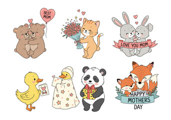 Mother’s Day Animal Scenes Vector Set – Hand Drawn Doodle Style Bear, Cat, Bunny, Duck, Panda, and Fox with Balloons, Gifts, and Floral Accents