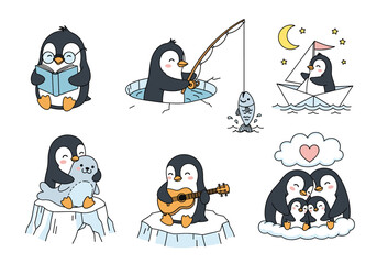 Playful Penguin Vector Set – Hand Drawn Doodle Style Penguins Reading, Fishing, Sailing, Hugging, Playing Music, and Huddling in Whimsical Scenes (1)