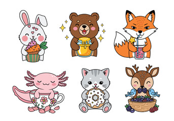 Kawaii Animal Treats Vector Set – Cute Hand Drawn Bunny, Bear, Fox, Axolotl, Kitten, and Deer Enjoying Snacks with Pastel Accents in Playful Style (2)