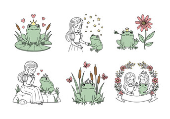 Princess and Frog Fairytale Vector Set – Hand Drawn Doodle Style Scenes with Crowns, Hearts, Stars, Flowers, and Whimsical Cartoon Romance Moments
