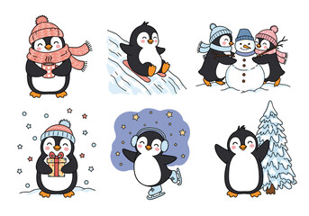 Playful Penguin Vector Set – Hand Drawn Doodle Style Penguins Reading, Fishing, Sailing, Hugging, Playing Music, and Huddling in Whimsical Scenes (2)