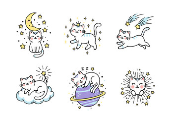 Playful Starry Cats Vector Set – Hand Drawn Cartoon Kittens with Stars, Sparkles, Pillows, Scarves, and Constellation Themes in Cute Line Art Style (1)