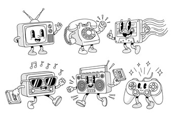 Retro Gadget Mascots Vector Set – Cute Hand Drawn Monocolor Cartoon TV, Telephone, Cassette, Boombox, Radio, and Game Controller Characters (2)