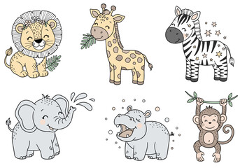 Seamless Safari Baby Animals Pattern – Hand Drawn Doodle Style Lion, Giraffe, Zebra, Elephant, Hippo, and Monkey with Pastel Accents and Whimsical Details (1)