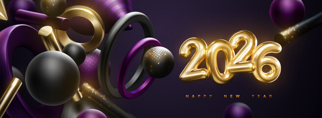 Naklejka na ściany i meble Happy New 2026 Year holiday sign. Vector illustration of golden numbers 2026 and abstract flowing geometric 3d shapes. Festive poster or banner design. NYE party invitation Naklejka na ściany i meble Happy New 2026 Year holiday sign. Vector illustration of golden numbers 2026 and abstract flowing geometric 3d shapes. Festive poster or banner design. NYE party invitation