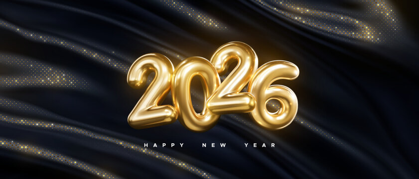 Happy New 2026 Year festive banner. 2026 golden metal sign. Vector holiday illustration. Gold numbers on black glittering fabric background