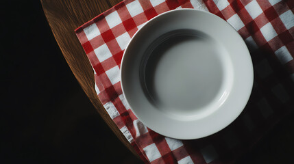 Elegant table setting with a simple plate on a red and white checkered tablecloth, evoking a sense of home-style dining and rustic charm.