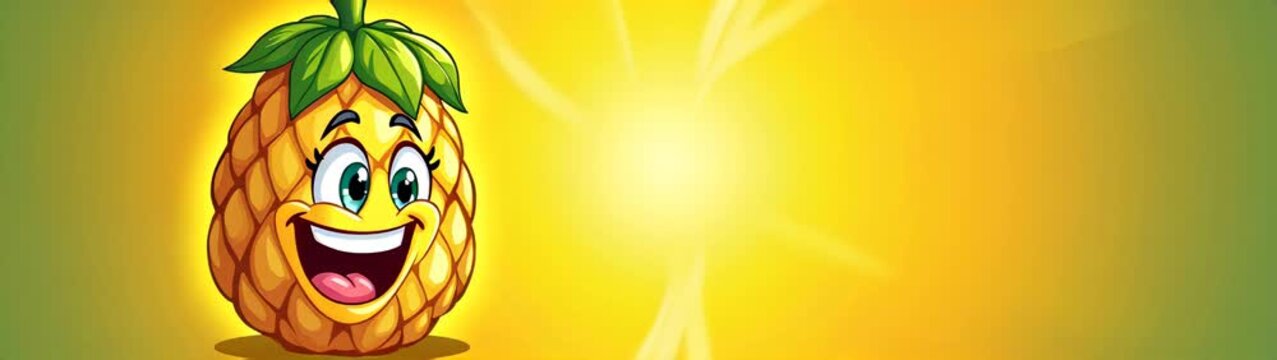 Cartoon pineapple with a happy face and a green leaf on a yellow background