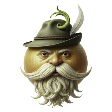 traditioneller Zwiebel Charakter o, Alpenstil mit gr&uuml;nem federgeschm&uuml;cktem Hut, Kulleraugen und gewirbeltem Bart - freigestellt