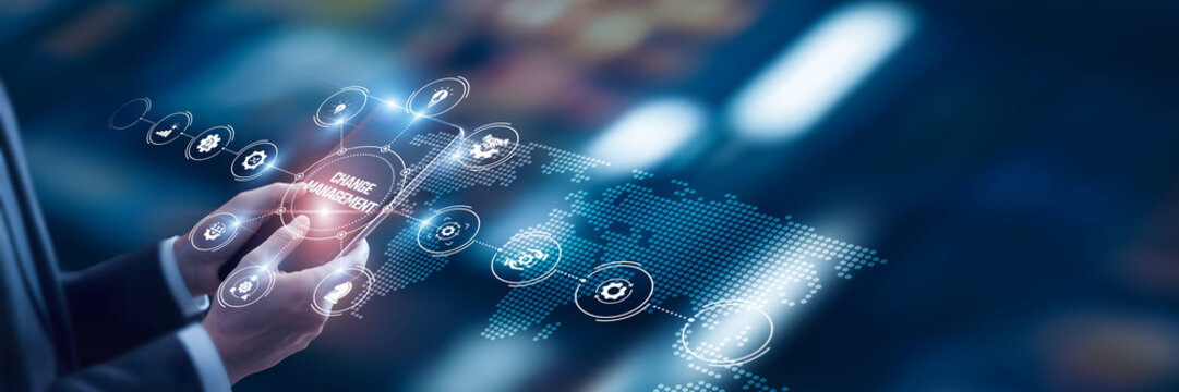 Businessman analysis of data Change Management technological and organizational transformation strategies, digital adoption platforms, leadership development solutions, enterprise innovation processes