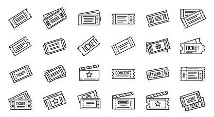 Variety of ticket icons, including movie, concert, and general admission, in a seamless pattern