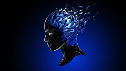 Geometric human head dissolving into blue shards face profile