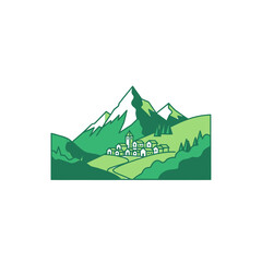 Green mountain landscape with village nestled in valley.