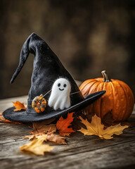 A sweet, hand-made wool felt ghost brooch is pinned to a classic witch's hat. The hat sits on an old wooden table next to a small pumpkin and dried autumn leaves.