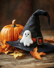 A sweet, hand-made wool felt ghost brooch is pinned to a classic witch's hat. The hat sits on an old wooden table next to a small pumpkin and dried autumn leaves.