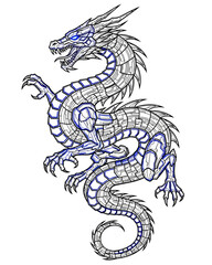 Obraz premium Detailed Vector Illustration of a Futuristic Mechanical Dragon with Bright Blue Eyes and Intricate Robotic Scales, a Powerful Fantasy Creature Concept Design for Gaming and Sci-Fi Themes