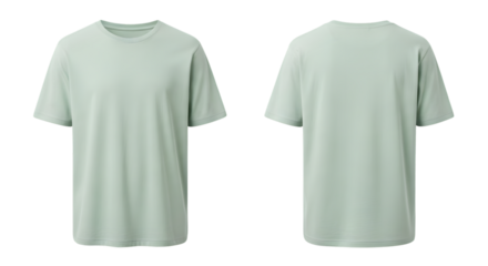 Front and back view of a plain light green tshirt, isolated on transparent background, showcasing its simple design and fabric texture, perfect for fashion mockups and ecommerce