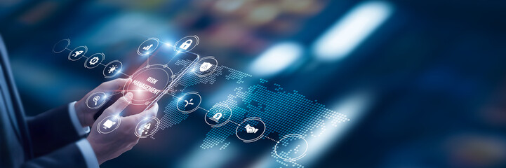 Businessman analysis of data Risk Management technological and enterprise compliance platforms, predictive risk analytics tools, cyber risk assessment, financial exposure frameworks