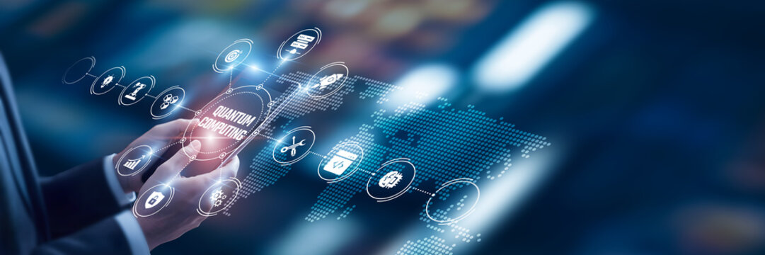 Businessman analysis of data Quantum Computing technological and advanced algorithm frameworks, quantum cryptography tools, supercomputing platforms, next-generation processing.