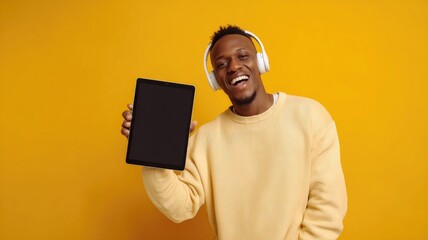 A young man wearing headphones, leaning slightly toward the camera. He holds a tablet with a blank black screen in one hand and laughs joyfully.