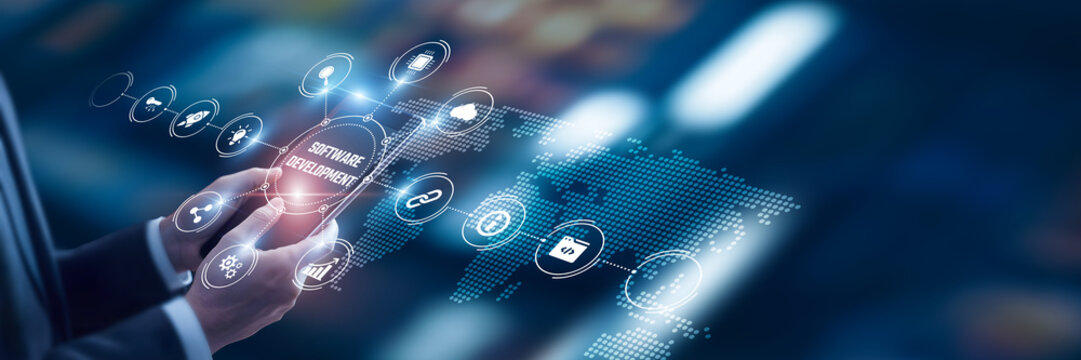 Businessman analysis of data Software Development technological and agile coding platforms, full-stack application frameworks, DevOps pipelines, cloud-native development tools